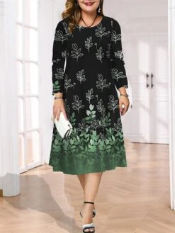 Women's Plus Size Curve Casual Dress Skater Dress A Line Dress Leaf Gradient Midi Dress Long Sleeve Print Crew Neck Fashion Outdoor Deep Purple Deep Green Fall Winter L XL XXL 3XL 4XL -Casual Print Dress Sales fdiwvv1695713740273