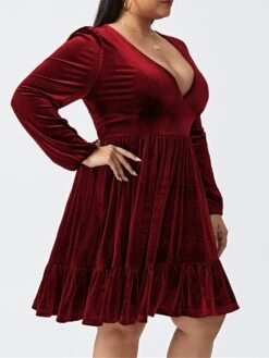 Women‘s Plus Size Curve Party Dress Velvet Dress Cocktail Dress Mini Dress Black Wine Royal Blue Long Sleeve Pure Color Ruched Spring Fall Winter V Neck Fashion Birthday Wedding Guest Vacation 2023 -Casual Print Dress Sales fdvbsn1692176733286