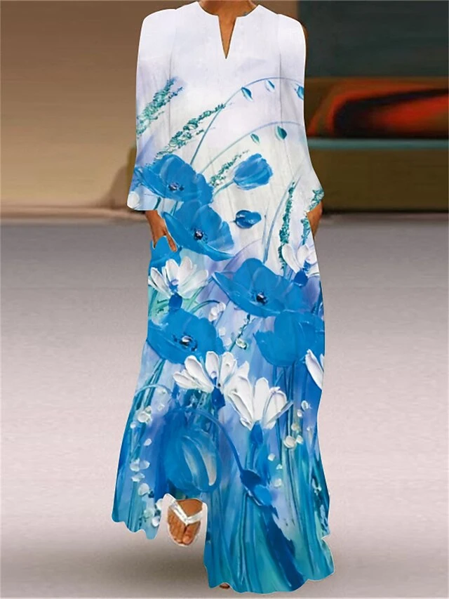 Women's Casual Dress Shift Dress Swing Dress Long Dress Maxi Dress Yellow Red Blue 3/4 Length Sleeve Flower Print Spring Fall Winter Crew Neck Fashion Vacation 2023 S M L XL 2XL 3XL 4XL 5XL 3 Women's Casual Dress Shift Dress Swing Dress Long Dress Maxi Dress Yellow Red Blue 3/4 Length Sleeve Flower Print Spring Fall Winter Crew Neck Fashion Vacation 2023 S M L XL 2XL 3XL 4XL 5XL - Image 3