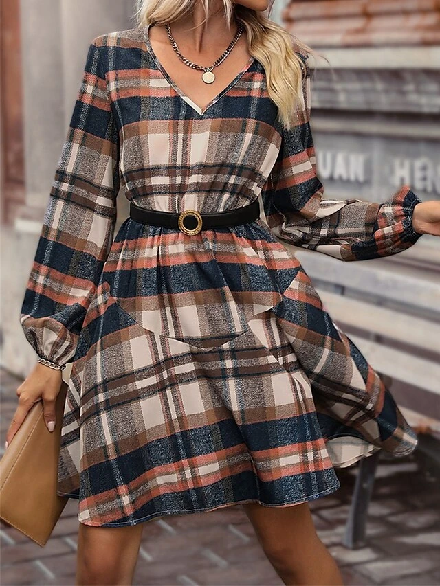 Women's Casual Dress Print Dress Spring Dress Plaid Lace Up Print V Neck Midi Dress Active Fashion Outdoor Street Long Sleeve Loose Fit Khaki Spring Fall S M L XL 3 Women's Casual Dress Print Dress Spring Dress Plaid Lace Up Print V Neck Midi Dress Active Fashion Outdoor Street Long Sleeve Loose Fit Khaki Spring Fall S M L XL - Image 3