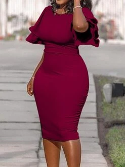 Women‘s Plus Size Curve Work Dress Bodycon Sheath Dress Solid Color Midi Dress Short Sleeve Ruffle Crew Neck Fashion Office Black White Summer Spring XL XXL 3XL 4XL 5XL -Casual Print Dress Sales fecakx1677650839762