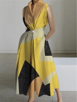 Women's Shirt Dress Casual Dress Swing Dress Maxi Long Dress Outdoor Office Daily Polyester Fashion Modern Shirt Collar Button Pocket Sleeveless Summer Spring 2023 Loose Fit Yellow Dark Pink Blue -Casual Print Dress Sales fekoci1690859508539