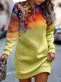 Women's Casual Dress Sweatshirt Dress Winter Dress Floral Print Crew Neck Mini Dress Fashion Streetwear Outdoor Daily Long Sleeve Loose Fit Yellow Pink Green Fall Winter S M L XL XXL