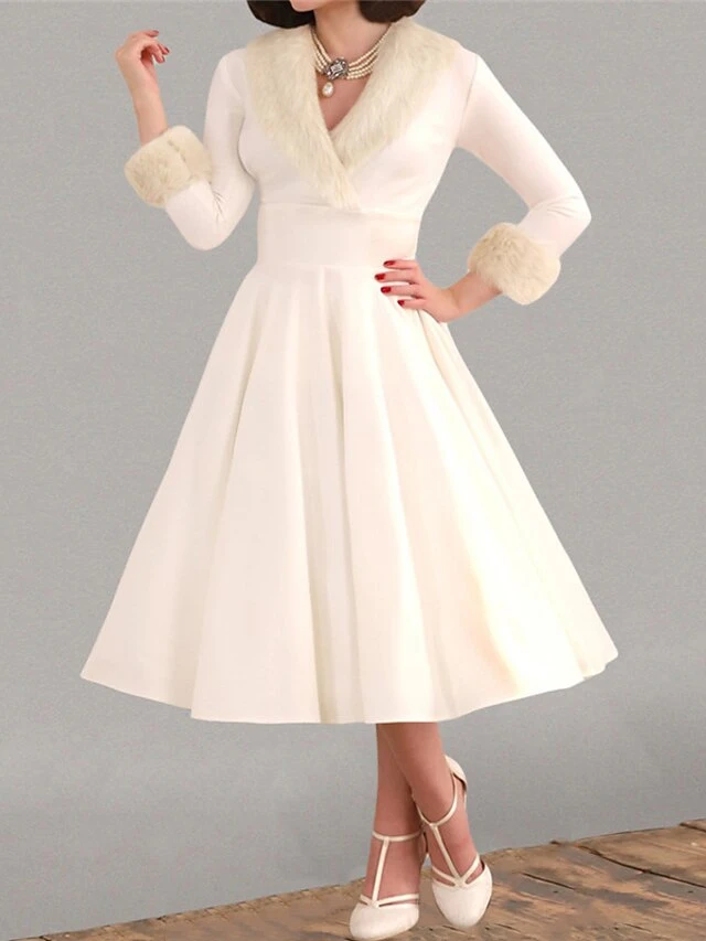 Women's Christmas Swing Dress Vintage Dress Midi Dress Red White Long Sleeve Pure Color Patchwork Winter Fall V Neck Vintage Stylish Elegant Fall Dress 2022 S M L XL XXL / Winter Dress 3 Women's Christmas Swing Dress Vintage Dress Midi Dress Red White Long Sleeve Pure Color Patchwork Winter Fall V Neck Vintage Stylish Elegant Fall Dress 2022 S M L XL XXL / Winter Dress - Image 3