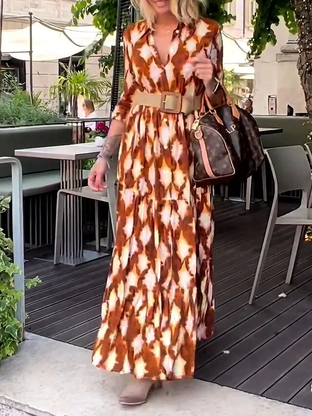 Women's Casual Dress Swing Dress Print Dress Geometric Color Block Button Belted Shirt Collar Long Dress Maxi Dress Fashion Streetwear Outdoor Date Long Sleeve Loose Fit Brown Spring Fall S M L XL XXL 1 Women's Casual Dress Swing Dress Print Dress Geometric Color Block Button Belted Shirt Collar Long Dress Maxi Dress Fashion Streetwear Outdoor Date Long Sleeve Loose Fit Brown Spring Fall S M L XL XXL