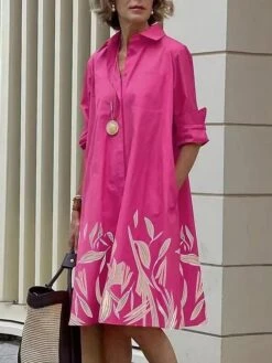 Women's Shirt Dress Casual Dress Maxi Long Dress Office Daily Date Polyester Fashion Modern Shirt Collar Patchwork Print 3/4 Length Sleeve Summer Spring Fall 2023 Regular Fit Pink Orange Leaf Color