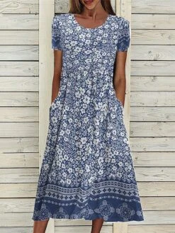 Women's Casual Dress Floral Dress Summer Dress Floral Ditsy Floral Pocket Print Crew Neck Midi Dress Fashion Streetwear Outdoor Daily Short Sleeve Loose Fit Navy Blue Royal Blue Blue Summer Spring S -Casual Print Dress Sales fgoapp1686309301065