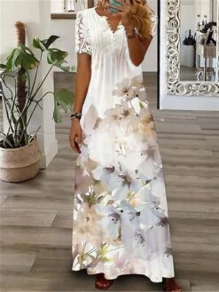 Women's Long Dress Maxi Dress Casual Dress Summer Dress Print Dress Floral Butterfly Fashion Streetwear Outdoor Daily Date Lace Print Short Sleeve V Neck Dress Loose Fit White Blue Green Summer Spring