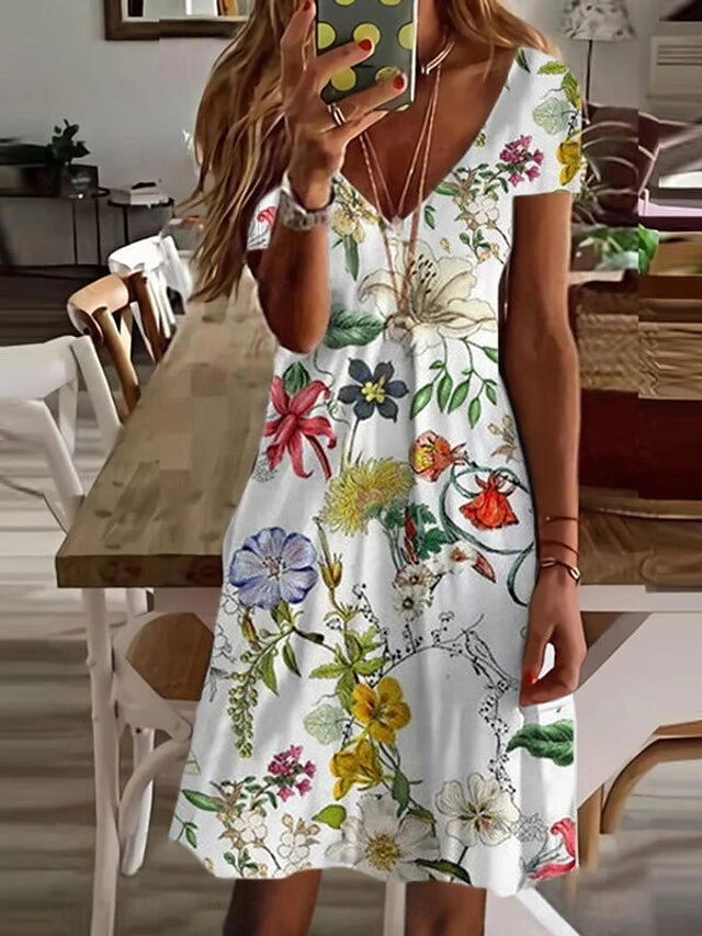 Women's Shift Dress Mini Dress White Pink Navy Blue Short Sleeve Floral Print Summer Spring V Neck Stylish Loose Fit 2023 S M L XL XXL 3XL 1 Women's Shift Dress Mini Dress White Pink Navy Blue Short Sleeve Floral Print Summer Spring V Neck Stylish Loose Fit 2023 S M L XL XXL 3XL
