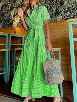 Women's Shirt Dress Maxi Long Dress Daily Vacation Polyester Casual Shirt Collar Lace Up Button Short Sleeve Summer Spring 2022 Regular Fit Blue Green Striped S M L XL -Casual Print Dress Sales fhdqqz1634955522384