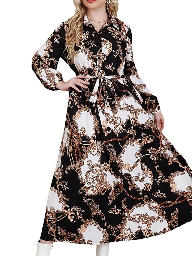 Women's Plus Size Curve Work Dress Swing Dress Semi Formal Dress Fashion Midi Dress Lace Up Button Shirt Collar Long Sleeve Floral Loose Fit Black Fall Winter L XL XXL 3XL 4XL 6 Women's Plus Size Curve Work Dress Swing Dress Semi Formal Dress Fashion Midi Dress Lace Up Button Shirt Collar Long Sleeve Floral Loose Fit Black Fall Winter L XL XXL 3XL 4XL - Image 6