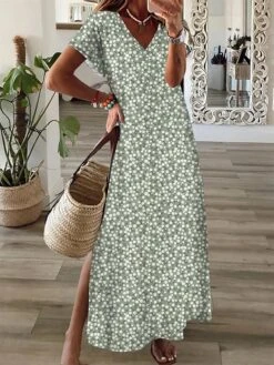 Women's Casual Dress A Line Dress Floral Dress Floral Ditsy Floral Split Print V Neck Long Dress Maxi Dress Fashion Streetwear Outdoor Daily Short Sleeve Regular Fit Black White Burgundy Summer Spring -Casual Print Dress Sales fhhsqt1687677944029