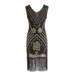 Women's Retro 1920s Fringe Dress Midi Dress Party Halloween Sequins Tassel Fringe Floral V Neck Sleeveless Regular Fit Spring Fall 2023 Black Red S M L XL -Casual Print Dress Sales fhjenk1692849479987