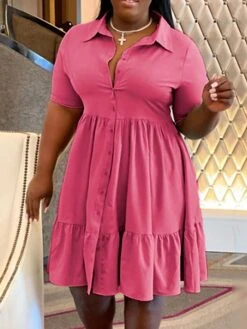 Women‘s Plus Size Curve Shirt Dress Solid Color Shirt Collar Ruffle Half Sleeve Spring Summer Casual Knee Length Dress Daily Holiday Dress -Casual Print Dress Sales fibufy1656491039229