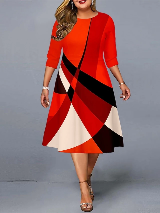 Women‘s Plus Size Curve Work Dress A Line Dress Stripe Midi Dress 3/4 Length Sleeve Print Crew Neck Elegant Office Red Fall Spring XL XXL 3XL 4XL 5XL 1 Women‘s Plus Size Curve Work Dress A Line Dress Stripe Midi Dress 3/4 Length Sleeve Print Crew Neck Elegant Office Red Fall Spring XL XXL 3XL 4XL 5XL