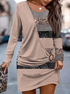 Women's Casual Dress Sweatshirt Dress Winter Dress Geometric Plaid Patchwork Print Crew Neck Mini Dress Fashion Streetwear Outdoor Daily Long Sleeve Loose Fit Pink Khaki Fall Winter S M L XL XXL