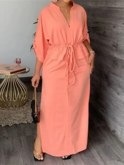 Women‘s Plus Size Curve Casual Dress Solid Color Long Dress Maxi Dress 3/4 Length Sleeve Lace Up Button V Neck Fashion Daily Camel Black Spring Summer L XL XXL 3XL 8 Women‘s Plus Size Curve Casual Dress Solid Color Long Dress Maxi Dress 3/4 Length Sleeve Lace Up Button V Neck Fashion Daily Camel Black Spring Summer L XL XXL 3XL -Casual Print Dress Sales fjhact1677060515338