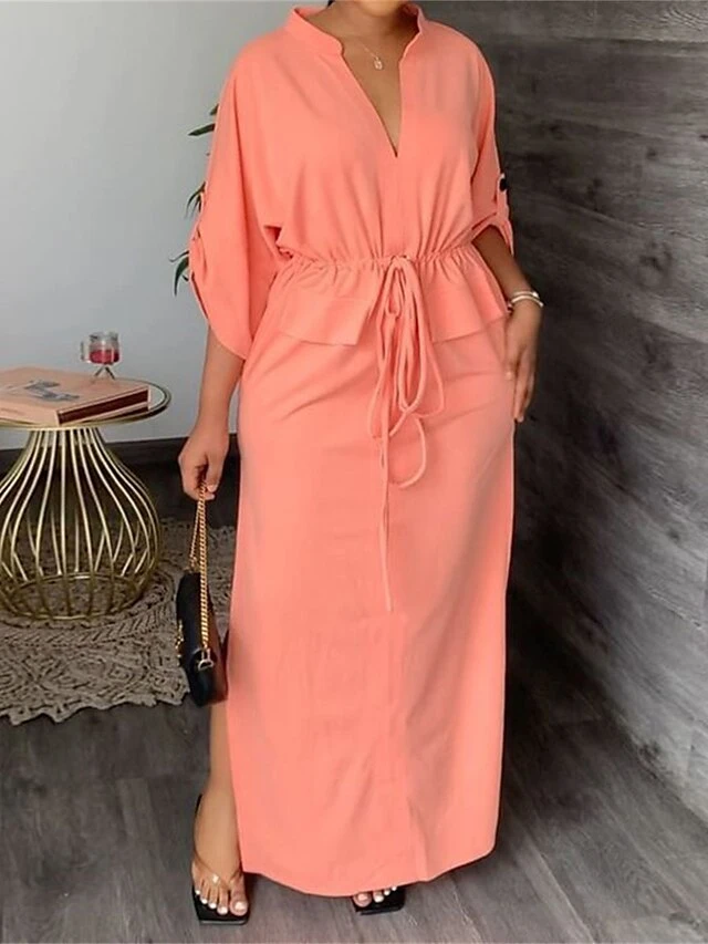 Women‘s Plus Size Curve Casual Dress Solid Color Long Dress Maxi Dress 3/4 Length Sleeve Lace Up Button V Neck Fashion Daily Camel Black Spring Summer L XL XXL 3XL 4 Women‘s Plus Size Curve Casual Dress Solid Color Long Dress Maxi Dress 3/4 Length Sleeve Lace Up Button V Neck Fashion Daily Camel Black Spring Summer L XL XXL 3XL - Image 4