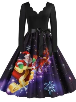 Women's Christmas Party Dress Knee Length Dress Purple Royal Blue Dark Blue Red Black Long Sleeve Elk Tree Bell Bow Print Fall Winter V Neck Vintage Elegant Party 2022 -Casual Print Dress Sales fjhzio1663151843467