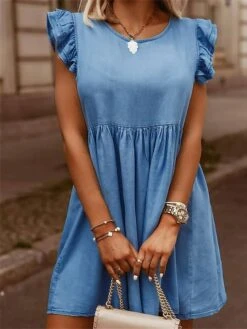 Women's Denim Dress Casual Dress Tunic Dress Mini Dress Denim Fashion Modern Outdoor Daily Vacation Crew Neck Ruched Ruffle Sleeveless Summer Spring 2023 Regular Fit Blue Sky Blue Gray Plain S M L XL