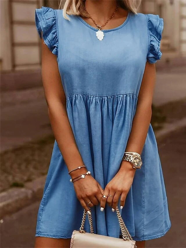 Women's Denim Dress Casual Dress Tunic Dress Mini Dress Denim Fashion Modern Outdoor Daily Vacation Crew Neck Ruched Ruffle Sleeveless Summer Spring 2023 Regular Fit Blue Sky Blue Gray Plain S M L XL 1 Women's Denim Dress Casual Dress Tunic Dress Mini Dress Denim Fashion Modern Outdoor Daily Vacation Crew Neck Ruched Ruffle Sleeveless Summer Spring 2023 Regular Fit Blue Sky Blue Gray Plain S M L XL