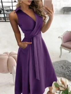Women's Casual Dress Swing Dress Emerald Green Dress Maxi Long Dress Black Sky Blue Purple Sleeveless Pure Color Lace Up Summer Spring V Neck Stylish 2023 S M L XL XXL -Casual Print Dress Sales fjpjtn1621949118937