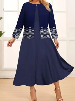 Women's Plus Size Curve Two Piece Dress Set Casual Dress Swing Dress Outdoor Office Fashion Streetwear Print Midi Dress Crew Neck Long Sleeve Floral Wine Navy Blue Royal Blue Spring Fall L XL -Casual Print Dress Sales fjtopr1691999593990