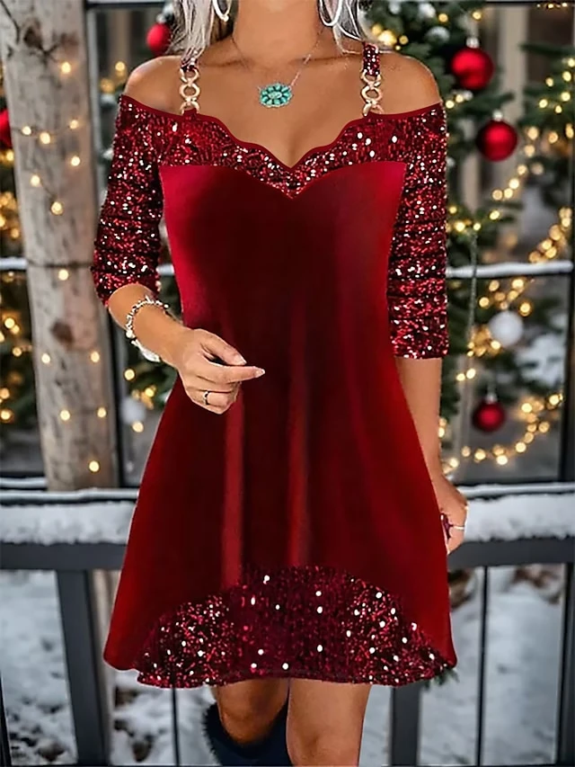 Women's Christmas Dress Velvet Dress Casual Dress Mini Dress Sequins Cold Shoulder Christmas Street Daily Fashion Streetwear V Neck Long Sleeve 2023 Regular Fit Wine Gold Green Color S M L XL XXL Size 2 Women's Christmas Dress Velvet Dress Casual Dress Mini Dress Sequins Cold Shoulder Christmas Street Daily Fashion Streetwear V Neck Long Sleeve 2023 Regular Fit Wine Gold Green Color S M L XL XXL Size - Image 2