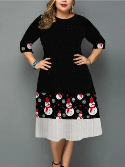 Women's Plus Size Christmas Work Dress Snowman Crew Neck Print 3/4 Length Sleeve Fall Winter Work Elegant Knee Length Dress