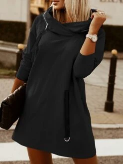 Women‘s Hoodie Dress Winter Dress Black Army Green Red Long Sleeve Pure Color Zipper Pocket Winter Fall Hooded Stylish Modern Mature Fall Dress 2022 S M L XL XXL 3XL 4XL 5XL -Casual Print Dress Sales flakue1664423546427