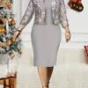 Women's Christmas Plus Size Curve Party Dress Sequin Dress Dress Set Plain Midi Dress 3/4 Length Sleeve Crew Neck Fashion Party Gray Fall Winter L XL XXL 3XL 4XL