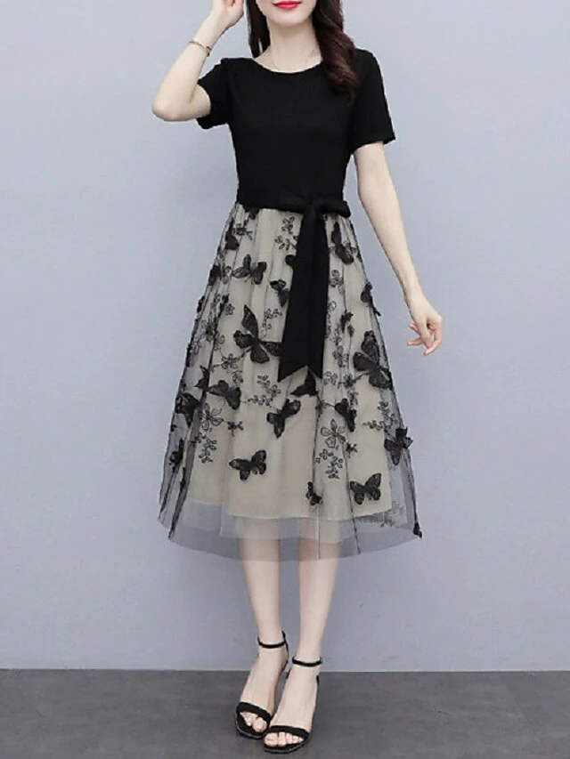 Women‘s Casual Dress Midi Dress Black Short Sleeve Butterfly Layered Spring Summer Crew Neck Active Party 2023 M L XL XXL XXXL 3 Women‘s Casual Dress Midi Dress Black Short Sleeve Butterfly Layered Spring Summer Crew Neck Active Party 2023 M L XL XXL XXXL - Image 3
