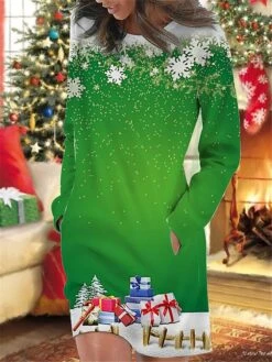 Women's Christmas Casual Dress Sweatshirt Dress Mini Dress Warm Fashion OutdoorHoliday Crew Neck Pocket Print Snowflake Loose Fit Wine Blue Green S M L XL XXL