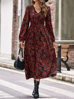 Women's Casual Dress Swing Dress Floral Dress Floral Ditsy Floral Print V Neck Midi Dress Fashion Modern Daily Holiday Long Sleeve Loose Fit Black Spring Fall S M L -Casual Print Dress Sales fmcatx1692094131727