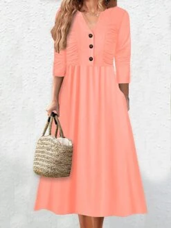 Women's Casual Dress Plain Dress Empire Waist Dresses Midi Dress Ruched Button Outdoor Daily Vacation Fashion Classic V Neck Long Sleeve 2023 Loose Fit Pink Green Color S M L XL XXL Size -Casual Print Dress Sales fmzhxp1692094835104