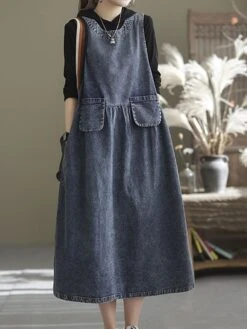 Women's Denim Dress Swing Dress Denim Overall Pinafore Dress Maxi Long Dress Cotton Denim Casual Daily Holiday Vacation Crew Neck Pocket Sleeveless Summer Spring 2023 Loose Fit Black Blue Pure Color