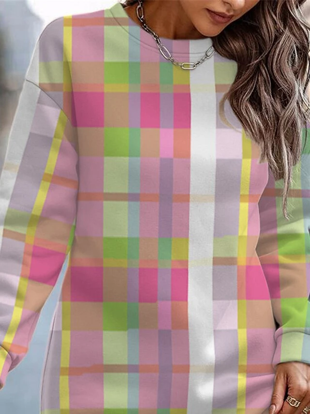 Women's Casual Dress Plaid Dress Sweatshirt Dress Plaid Print Crew Neck Mini Dress Fashion Streetwear Outdoor Daily Long Sleeve Loose Fit Pink Fall Winter S M L XL XXL 2 Women's Casual Dress Plaid Dress Sweatshirt Dress Plaid Print Crew Neck Mini Dress Fashion Streetwear Outdoor Daily Long Sleeve Loose Fit Pink Fall Winter S M L XL XXL - Image 2