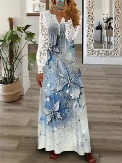 Women's Floral Lace Pleated Dresses Long Dress Maxi Dress A Line Dress Print Dress Spring Dress Butterfly Modern Date Vacation Weekend Long Sleeve V Neck Dress Blue Summer Spring S M L XL XXL