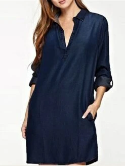 Women's Casual Dress Shift Dress Denim Shirt Dress Mini Dress Denim Basic Fashion Outdoor Daily Shirt Collar Button Pocket Long Sleeve Summer Spring Fall 2023 Loose Fit Navy Blue Blue Plain S M L XL