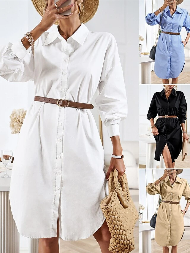 Women's Casual Dress Work Dress Shift Dress Mini Dress Outdoor Office Business Cotton Classic Modern Shirt Collar Button Pocket Long Sleeve Summer Spring Fall 2023 Loose Fit Black White Blue Pure 7 Women's Casual Dress Work Dress Shift Dress Mini Dress Outdoor Office Business Cotton Classic Modern Shirt Collar Button Pocket Long Sleeve Summer Spring Fall 2023 Loose Fit Black White Blue Pure - Image 7