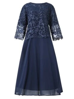 Women's Plus Size Party Dress Lace Dress Cocktail Dress Midi Dress Navy Blue 3/4 Length Sleeve Pure Color Lace Spring Fall Winter Crew Neck Fashion Winter Dress Wedding Guest Vacation 2023 L XL XXL -Casual Print Dress Sales folzjk1693806530369