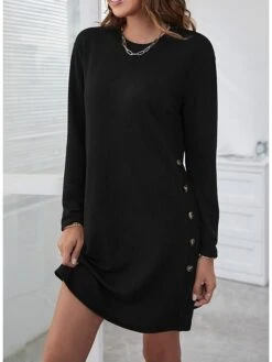 Women's Casual Dress T Shirt Dress Tee Dress Winter Dress Mini Dress Patchwork Button Daily Going Out Weekend Basic Elegant Crew Neck Long Sleeve Black Pink Grey Color S M L XL 2XL Size -Casual Print Dress Sales foroeo1691057856324