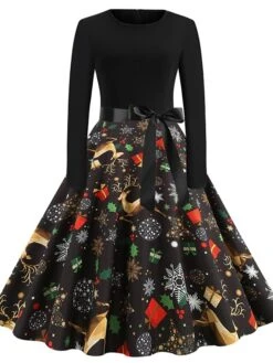 Women's Christmas Casual Dress Knee Length Dress Black Long Sleeve SnowflakeTree Animal Bow Print Fall Winter Crew Neck Stylish Casual Modern 2022 S M L XL XXL