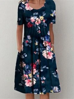 Women's Casual Dress Summer Dress Print Dress Floral Ruched Pocket Crew Neck Midi Dress Fashion Modern Outdoor Daily Short Sleeve Loose Fit White Red Navy Blue Summer Spring S M L XL XXL -Casual Print Dress Sales fozoiz1680771703244