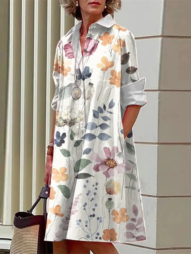 Women's Shirt Dress Casual Dress Midi Dress Outdoor Office Daily Polyester Fashion Modern Shirt Collar Button Pocket Long Sleeve Fall Winter 2023 Loose Fit ArmyGreen White Blue Floral S M L XL 2XL 5 Women's Shirt Dress Casual Dress Midi Dress Outdoor Office Daily Polyester Fashion Modern Shirt Collar Button Pocket Long Sleeve Fall Winter 2023 Loose Fit ArmyGreen White Blue Floral S M L XL 2XL - Image 5