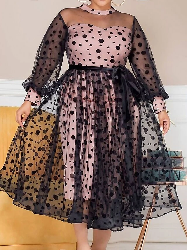 Women‘s Plus Size Curve Halloween Dress Party Dress Polka Dot Off Shoulder Print Long Sleeve Spring Fall Elegant Prom Dress Midi Dress Formal Party Dress 1 Women‘s Plus Size Curve Halloween Dress Party Dress Polka Dot Off Shoulder Print Long Sleeve Spring Fall Elegant Prom Dress Midi Dress Formal Party Dress