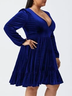 Women‘s Plus Size Curve Party Dress Velvet Dress Cocktail Dress Mini Dress Black Wine Royal Blue Long Sleeve Pure Color Ruched Spring Fall Winter V Neck Fashion Birthday Wedding Guest Vacation 2023 -Casual Print Dress Sales fppbzs1692176738707