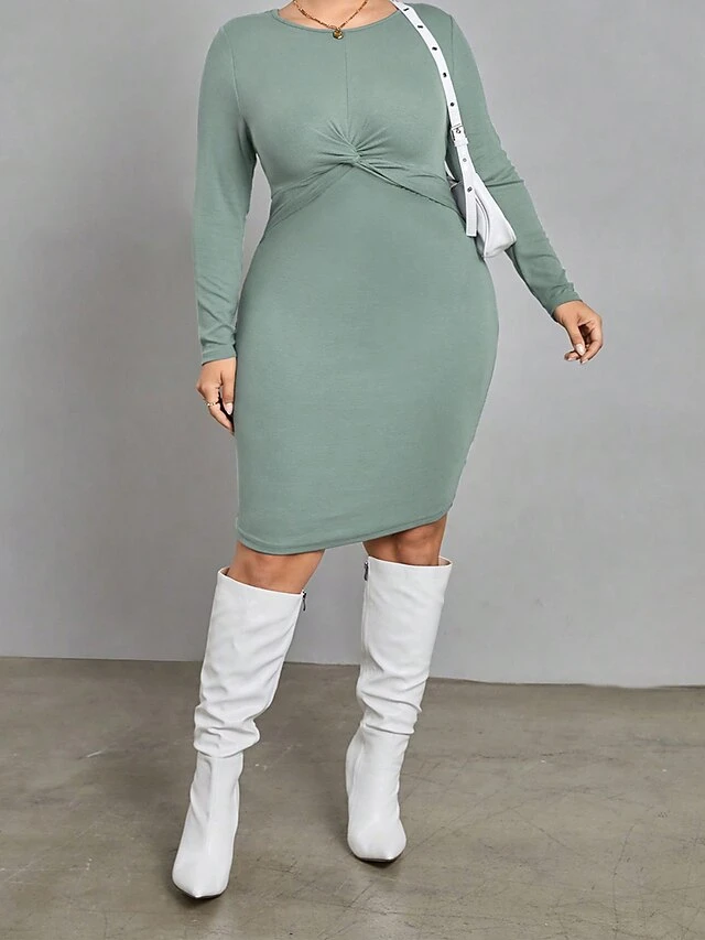 Women's Plus Size Curve Casual Dress Winter Dress Bodycon Solid Color Midi Dress Long Sleeve Ruched Crew Neck Fashion Outdoor Green Fall Winter XL XXL 3XL 4 Women's Plus Size Curve Casual Dress Winter Dress Bodycon Solid Color Midi Dress Long Sleeve Ruched Crew Neck Fashion Outdoor Green Fall Winter XL XXL 3XL - Image 4