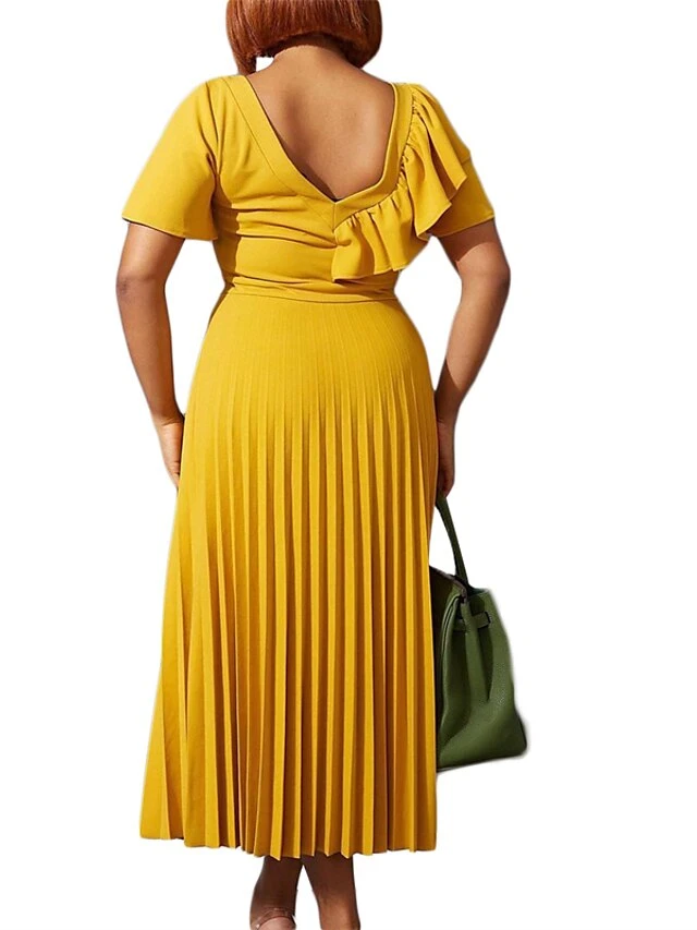 Women‘s Plus Size Curve Party Dress Solid Color V Neck Ruched Short Sleeve Fall Spring Work Prom Dress Maxi Long Dress Party Holiday Dress Ruffle 12 Women‘s Plus Size Curve Party Dress Solid Color V Neck Ruched Short Sleeve Fall Spring Work Prom Dress Maxi Long Dress Party Holiday Dress Ruffle - Image 12