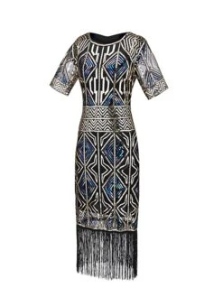 Women's Retro 1920s Fringe Dress Midi Dress Party Halloween Sequins Tassel Fringe Geometric Crewneck Short Sleeve Regular Fit Spring Fall 2023 Red Blue S M L XL -Casual Print Dress Sales fqgngv1693206884867